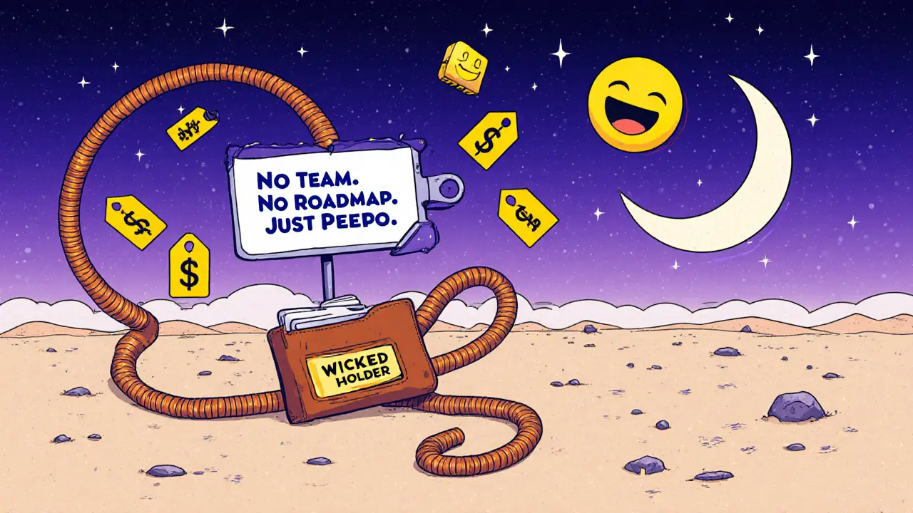 A lonely wallet on a digital wasteland with wildly bouncing price tags and a Peepo-shaped moon smiling overhead.