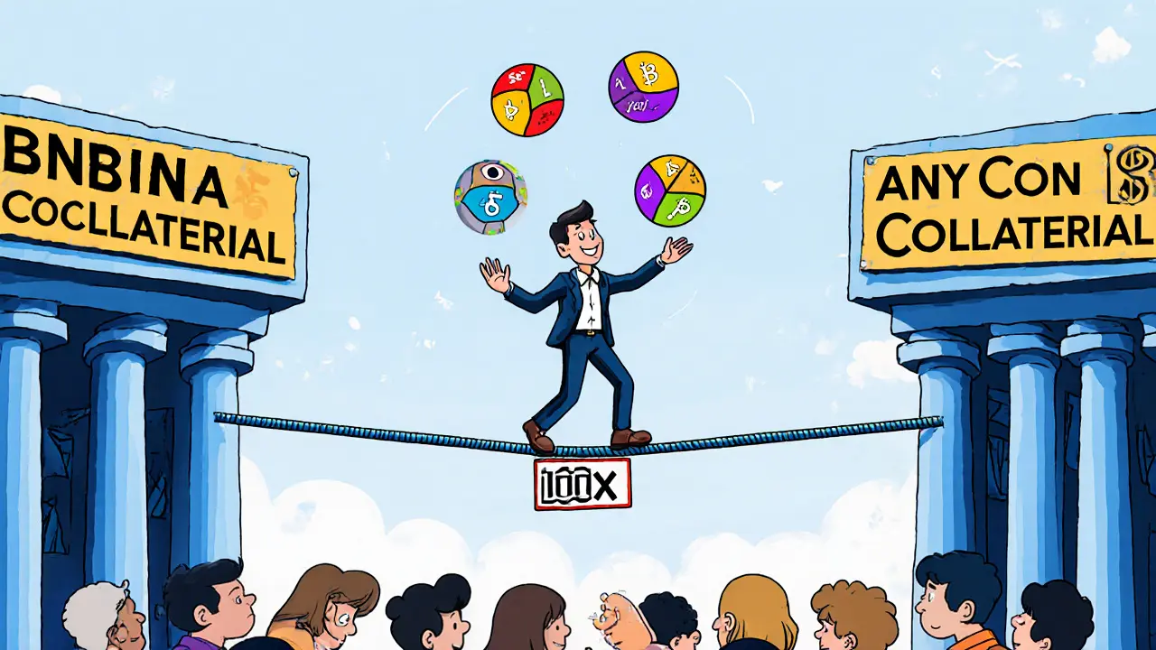 A trader juggling multiple crypto assets as collateral on a tightrope between two exchanges, one restrictive, one flexible.