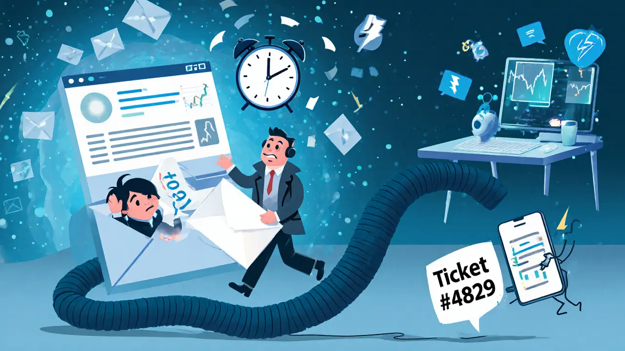 A trader trapped in a slow email support tunnel while a glitchy mobile app flickers behind them with frozen charts.