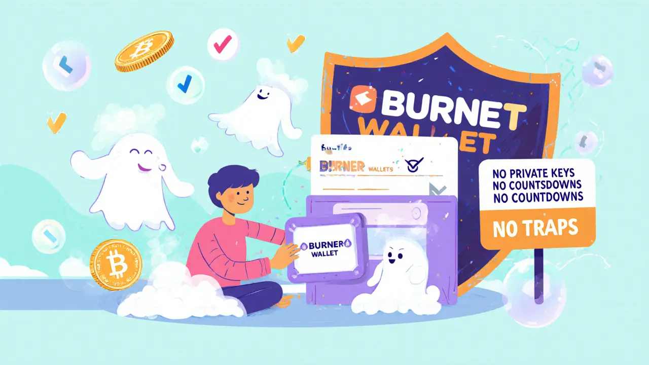 A user safely creating a new wallet as scam tokens vanish, protected by a giant burner wallet shield.