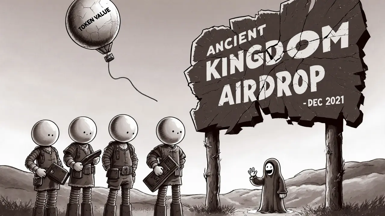 Cartoon crypto seekers staring at a faded airdrop sign as their token balloon floats away.