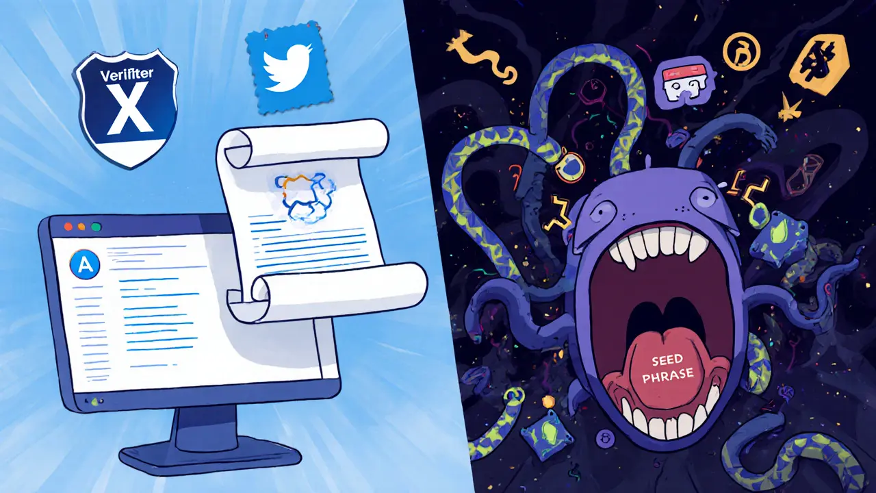 Contrasting scene of a legitimate airdrop vs. a chaotic scam nightmare in exaggerated cartoon style.