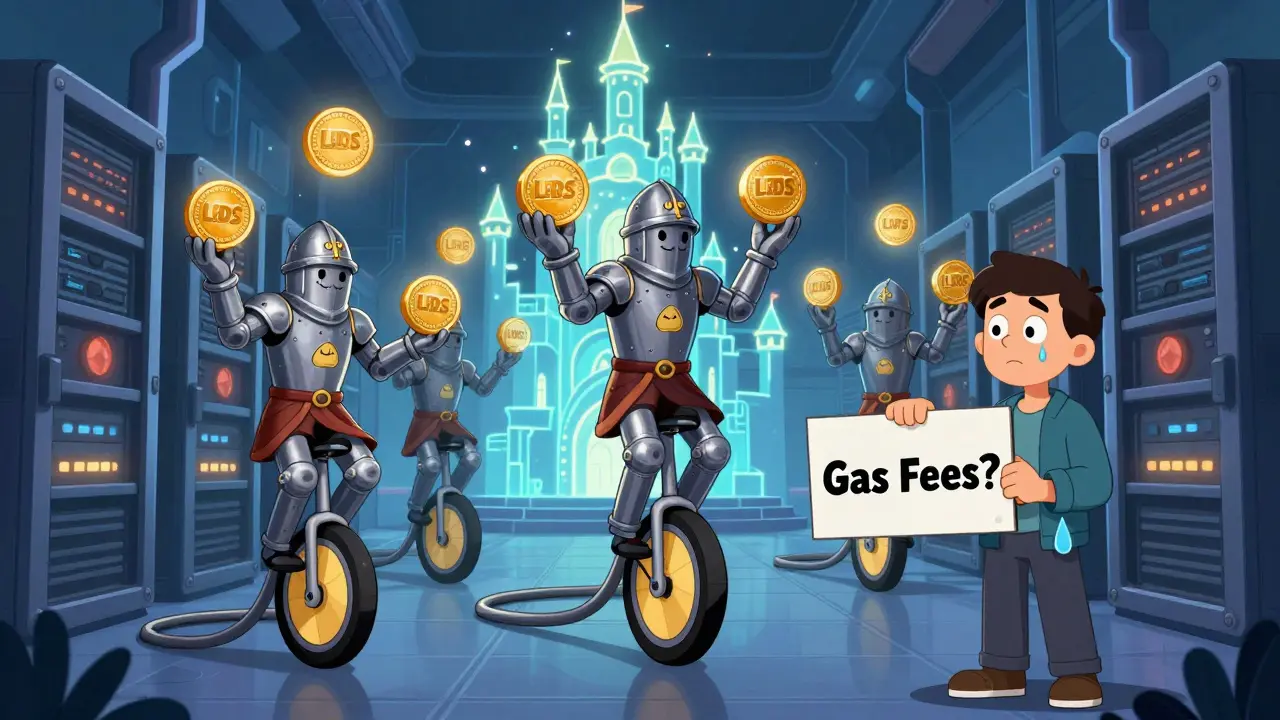 Knights on unicycles juggling LRDS tokens to power a glowing castle, while a confused player stares at a &#039;Gas Fees?&#039; sign.