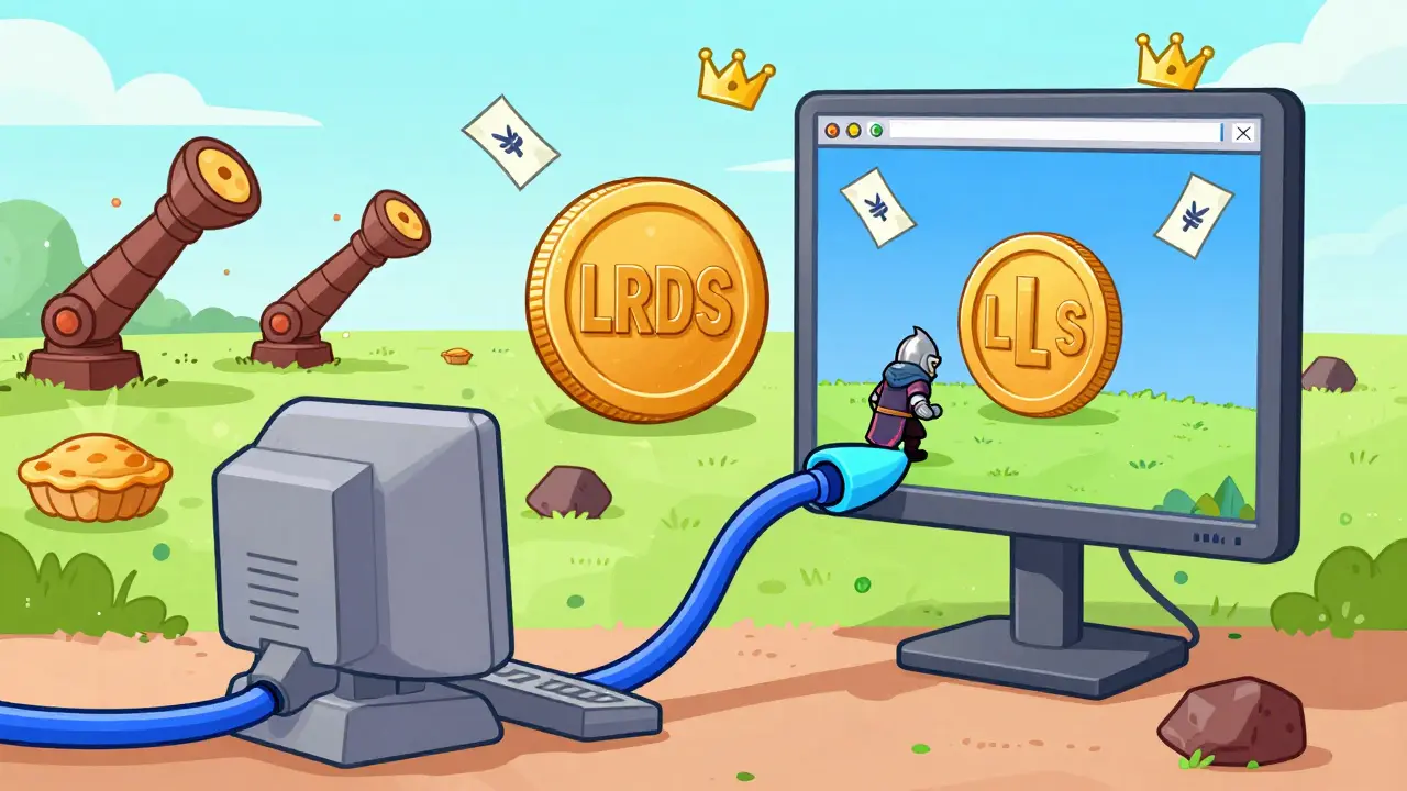 Player linking a wobbly wallet to a game screen, with stretchy knights and voting crowns floating in a cartoon battlefield.