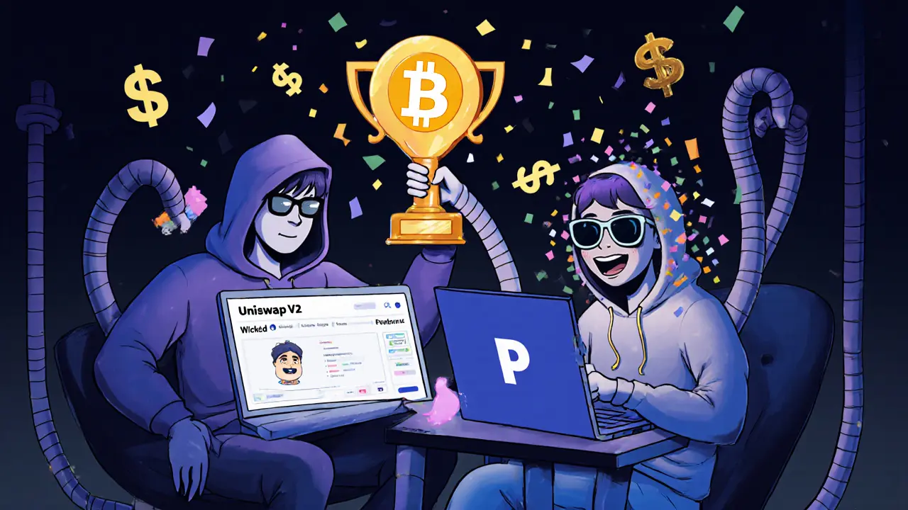 Quirky cartoon figures using a PFP Maker tool to turn their faces into Peepo avatars, surrounded by glowing screens and melting dollar signs.