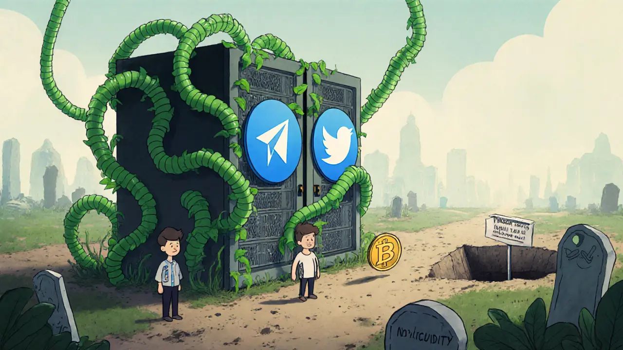 Vines grow over dead social media logos while a lone DOM token rolls into oblivion.