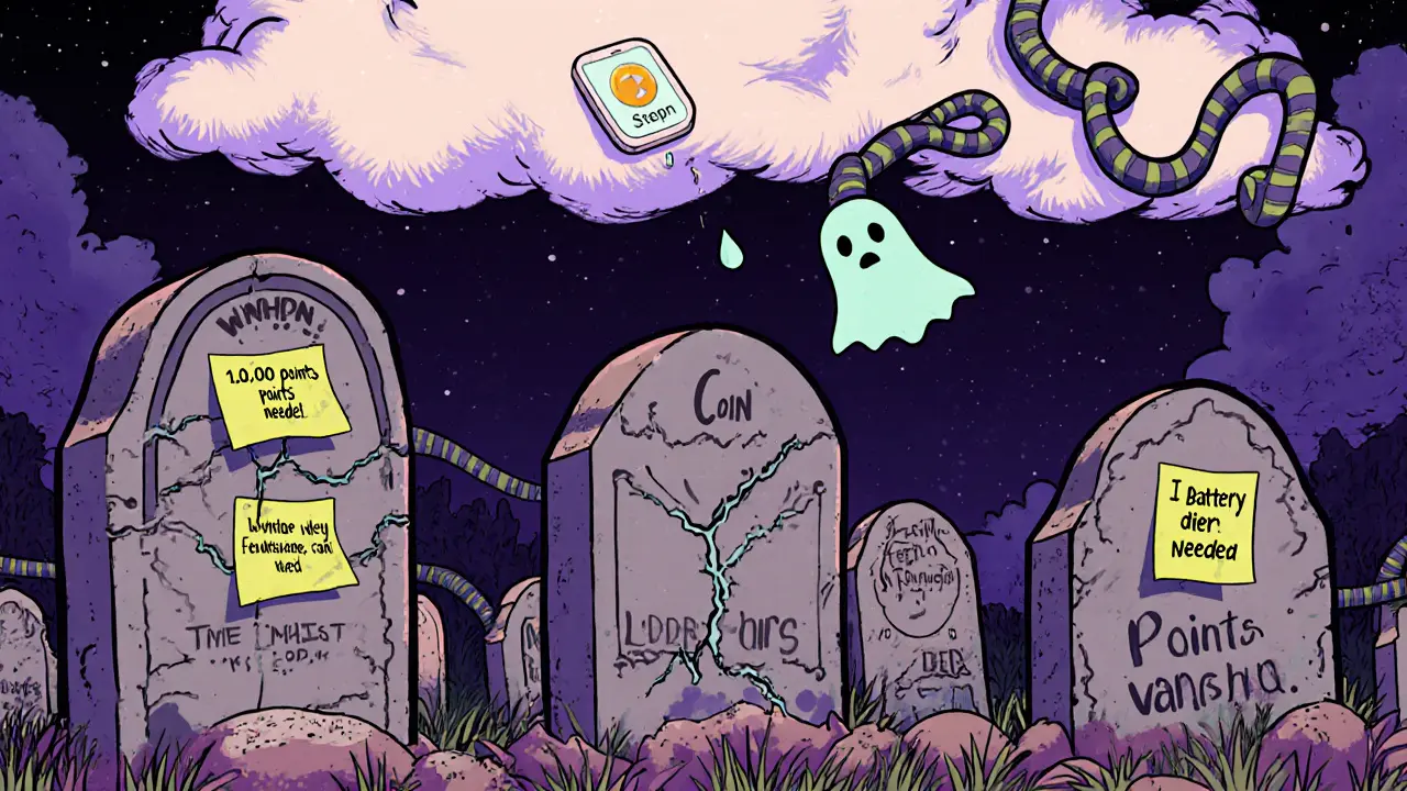 A graveyard of failed crypto apps with a crumbling WMDR tombstone and a floating ghost app.