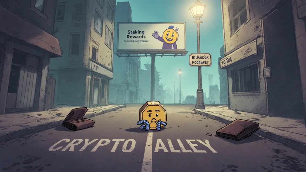 A lonely SN88 token sits abandoned on a deserted crypto street with broken signs and a distant TAO token waving goodbye.
