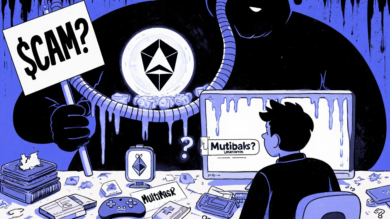 A shadowy figure holds a &#039;SCAM?&#039; sign over a messy desk with broken wallets and a flickering &#039;Multigame&#039; portal.