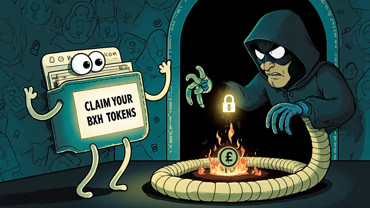 A wallet being drained by a hacker through a snake-like website link in cartoon style.