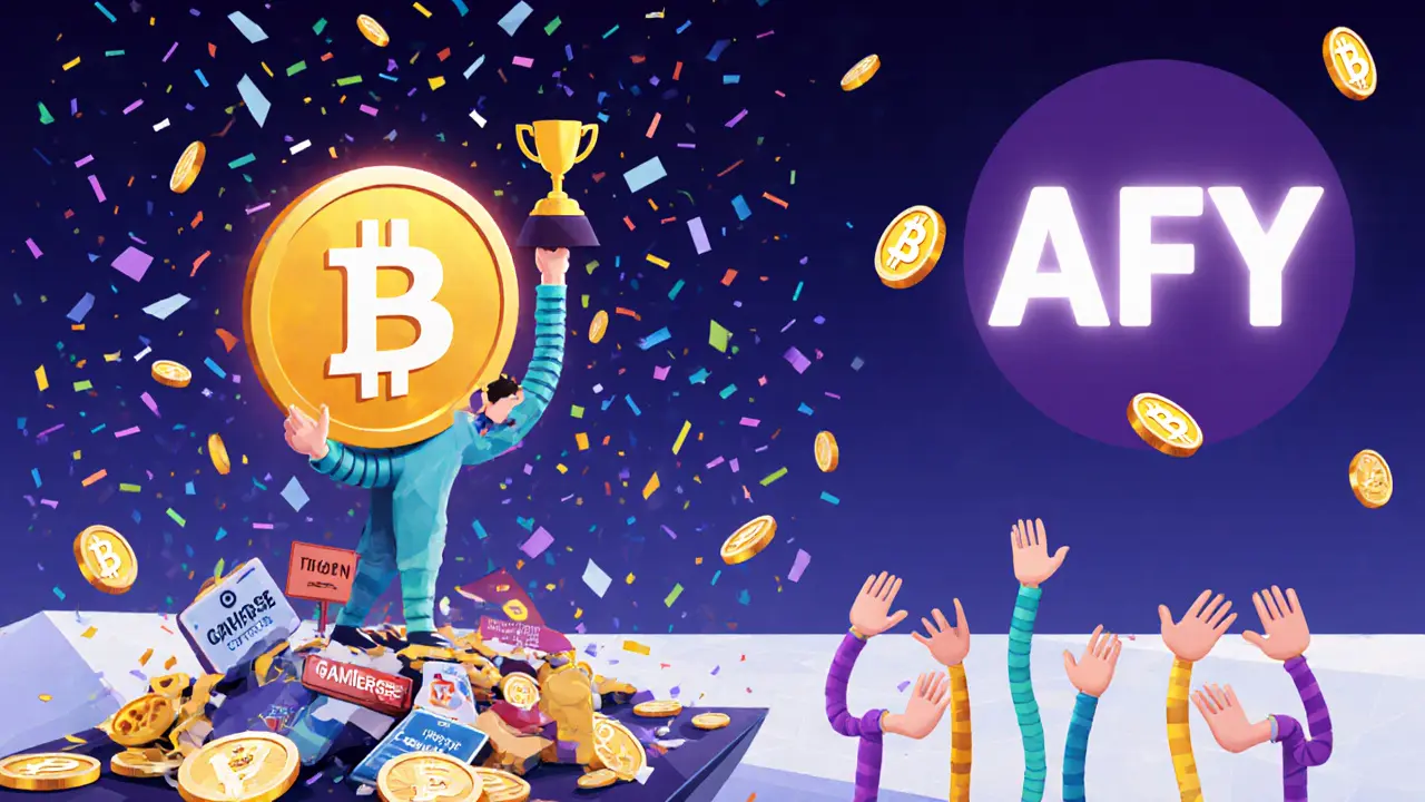 A winner holding an ART token trophy while AFY tokens rain down, standing on discarded Gamerse signs.