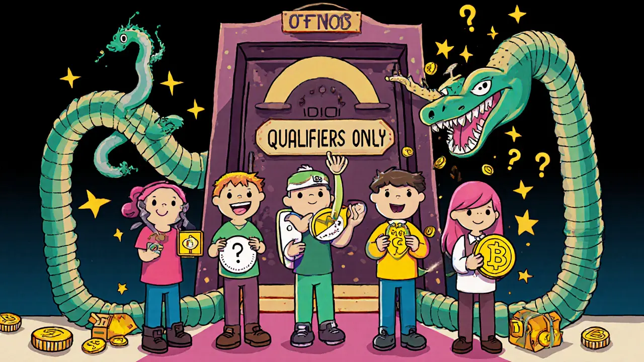 Five characters line up to enter a secret door, each holding unique NFTs, blocked by a rubbery gatekeeper.