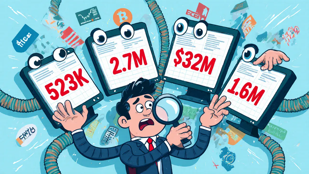 Four cartoon monitors display conflicting numbers as a confused investor tries to understand the chaos.