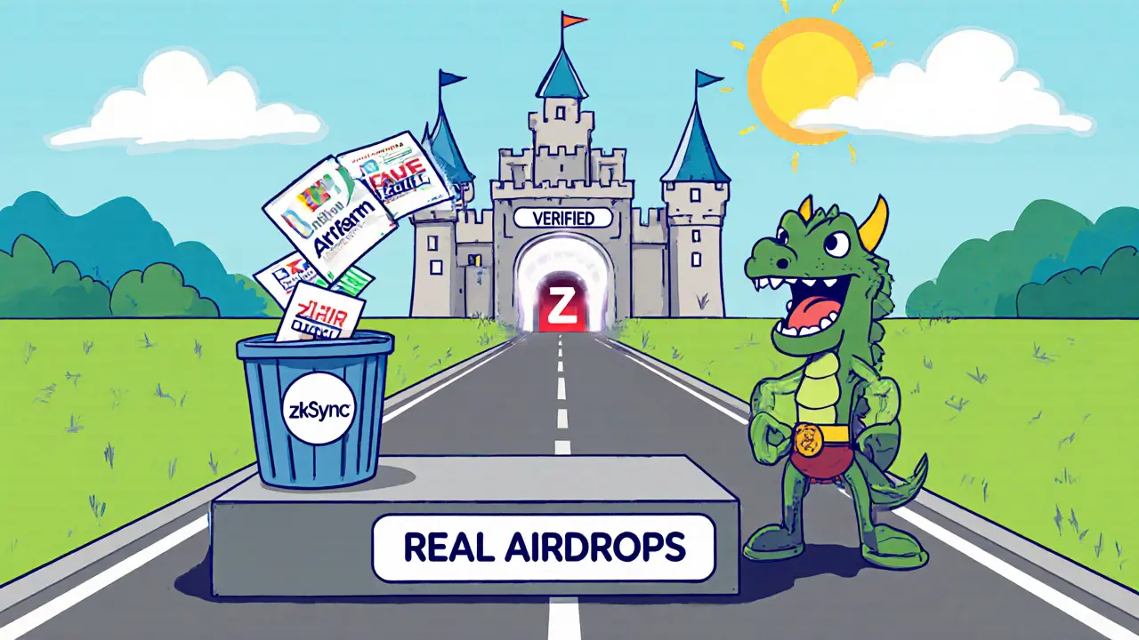 Hero standing on verified airdrop platforms, throwing fake airdrop flyers into a trash dragon.