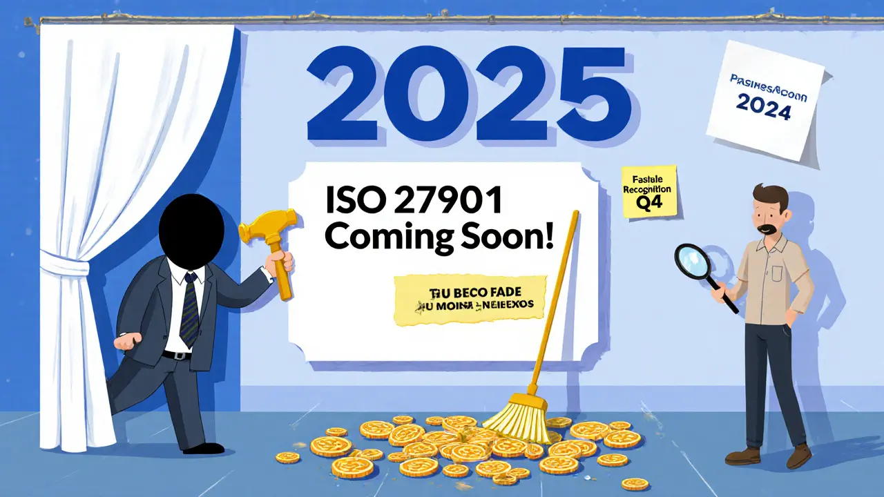 A 2025 roadmap billboard with a faceless CEO promising security upgrades, while past failures are mopped up in rubber hose cartoon style.