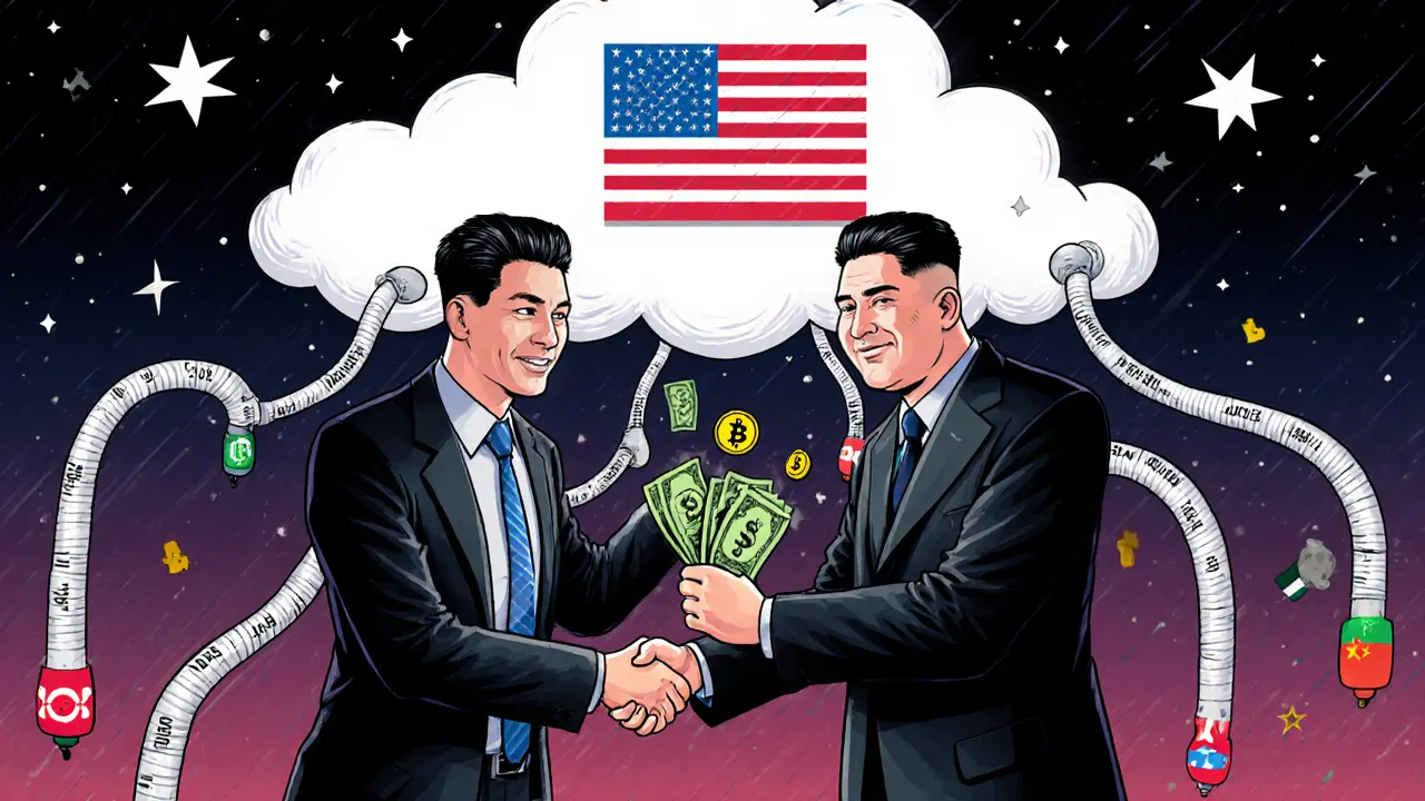 A broker in Dubai exchanges crypto for cash with a North Korean operative, surrounded by shell companies across Asia and Russia.