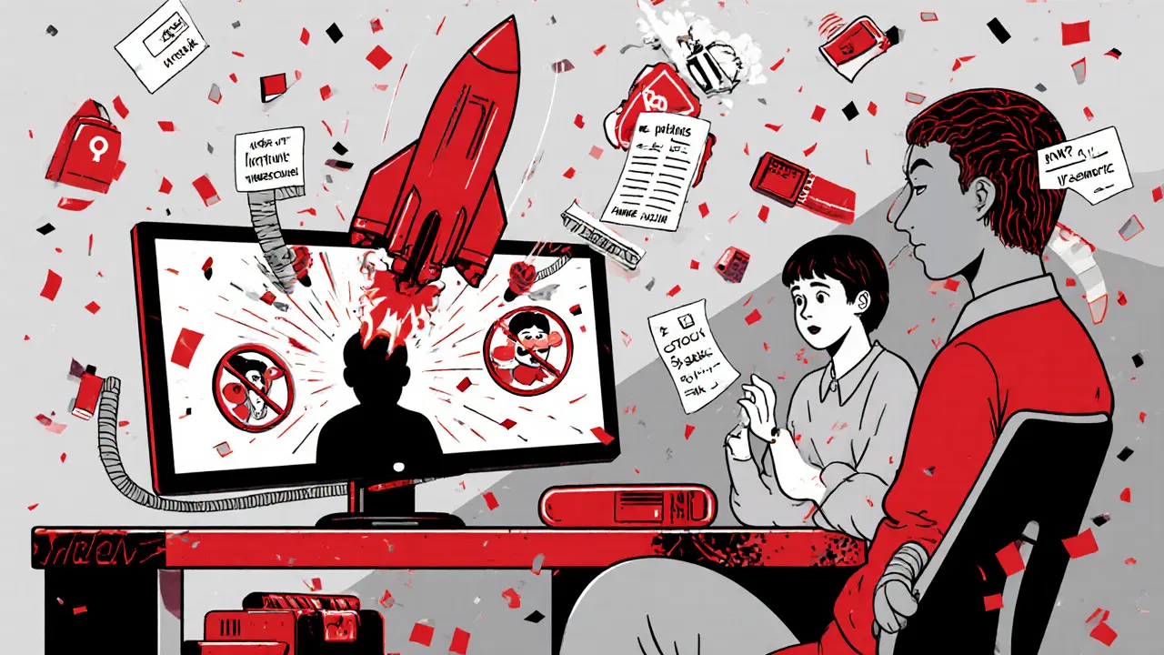 A crypto worker&#039;s laptop transforms into a missile as an OFAC alert flashes, revealing hidden sanctions links.