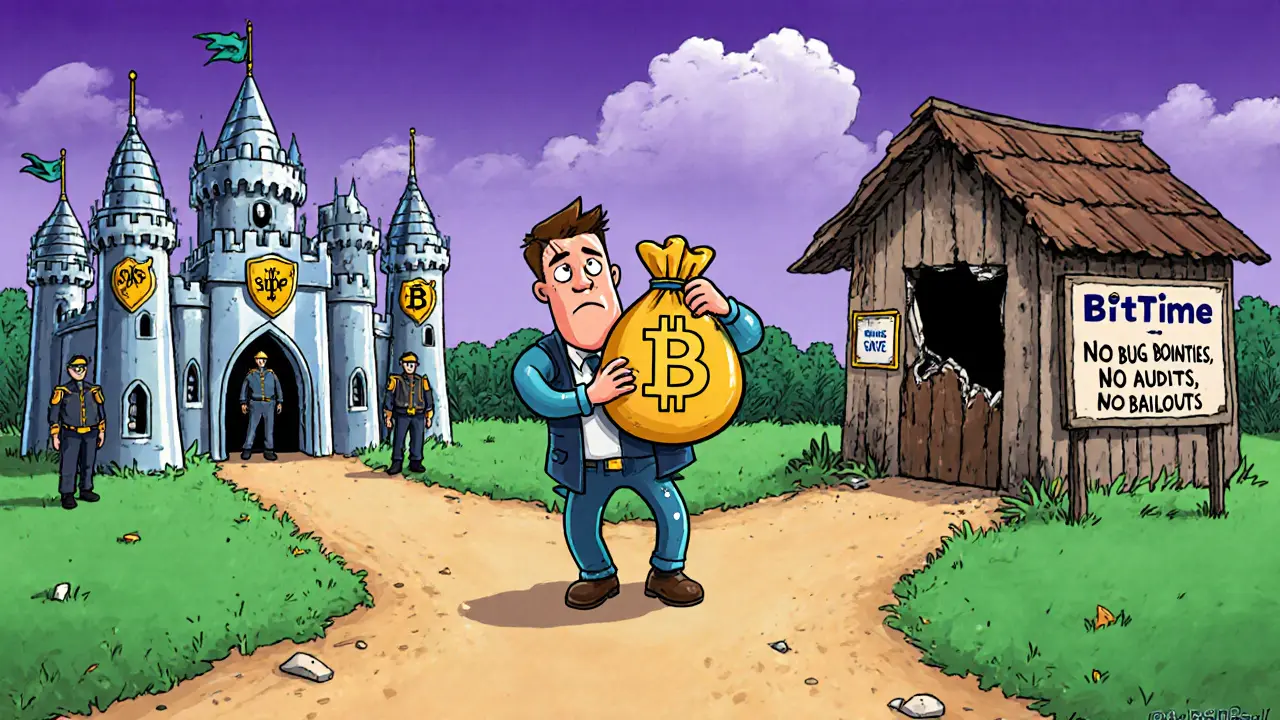 A global investor choosing between a secure exchange castle and a risky Bittime shack, illustrated in rubber hose animation style.