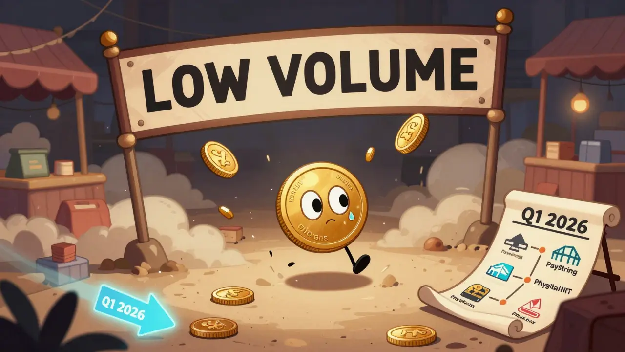 A lonely XPM token in an empty market, with a roadmap scroll glowing faintly in the background under a &#039;LOW VOLUME&#039; sign.