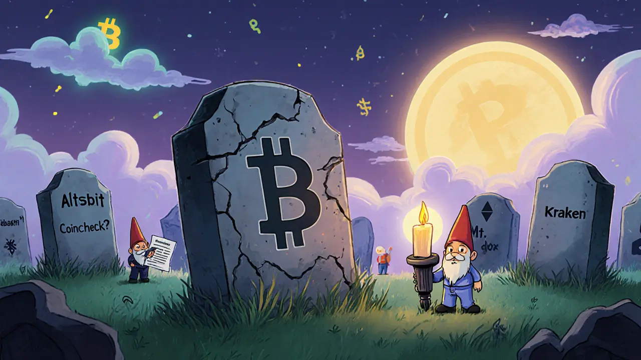 A tiny user standing beside a cracked tombstone for Altsbit, holding a hardware wallet as other exchanges glow in the distance.