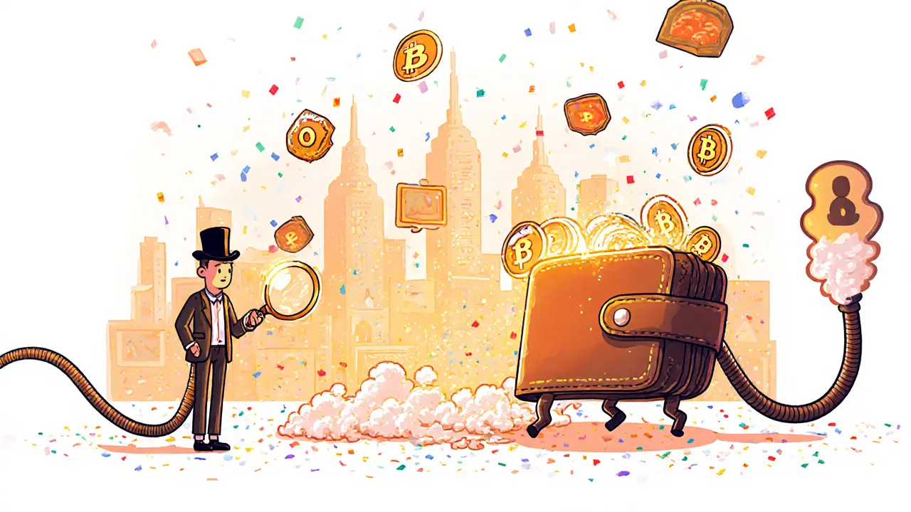 Cartoon collector watches a wallet run away as PAINT tokens rain down and vanish into an art-filled city.