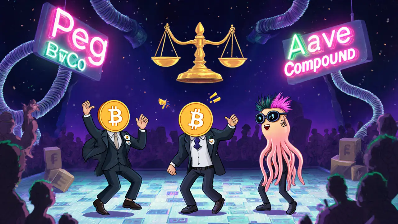 DeFi party scene with WBTC, renBTC, and sBTC dancing on blockchain blocks, one wobbling as its value drops.