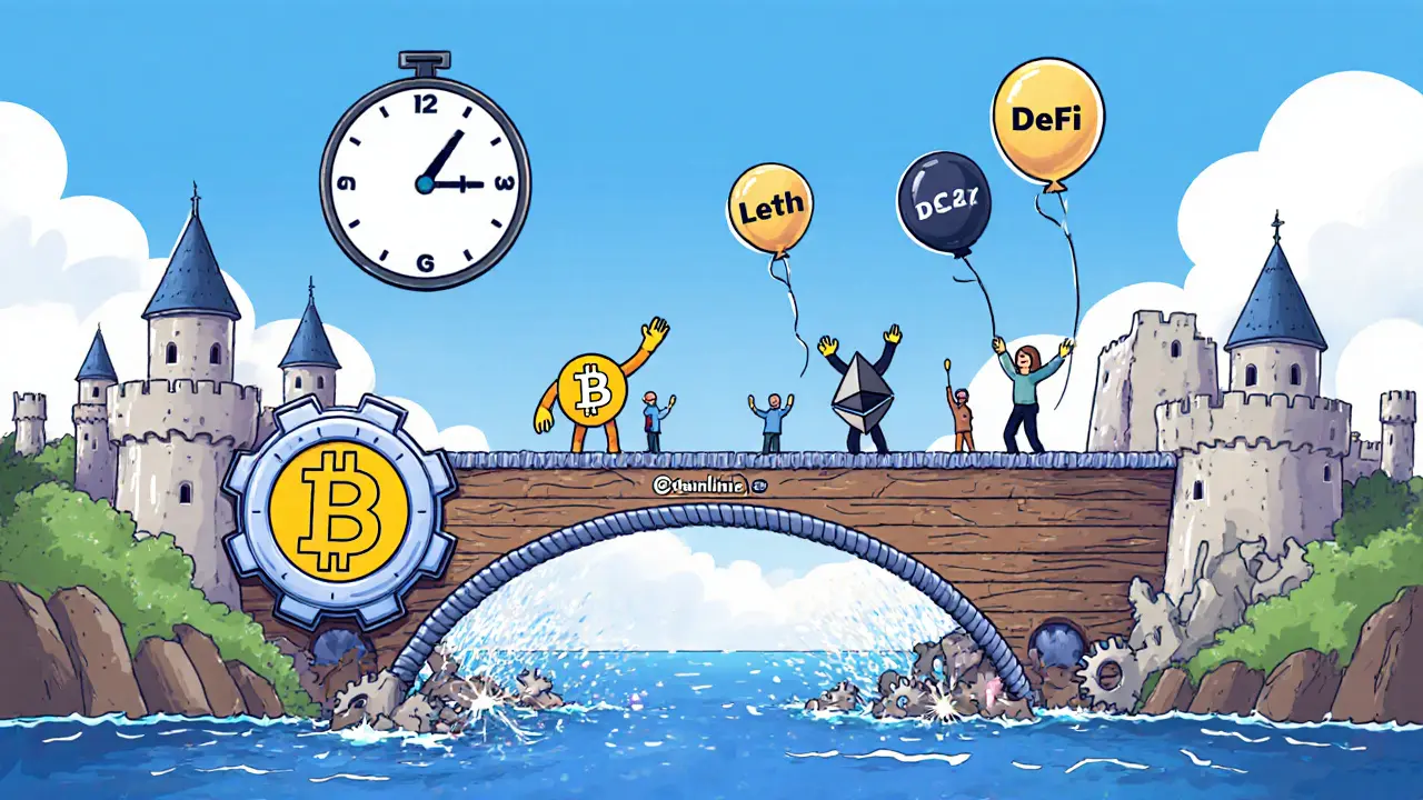 Futuristic bridge replacing old wrapped asset pathway, with WBTC and WETH waving goodbye as new tech emerges.