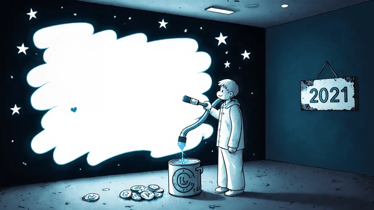 Sleepy artist paints the last strokes on a quiet MurAll mural under a starry sky of NFTs.