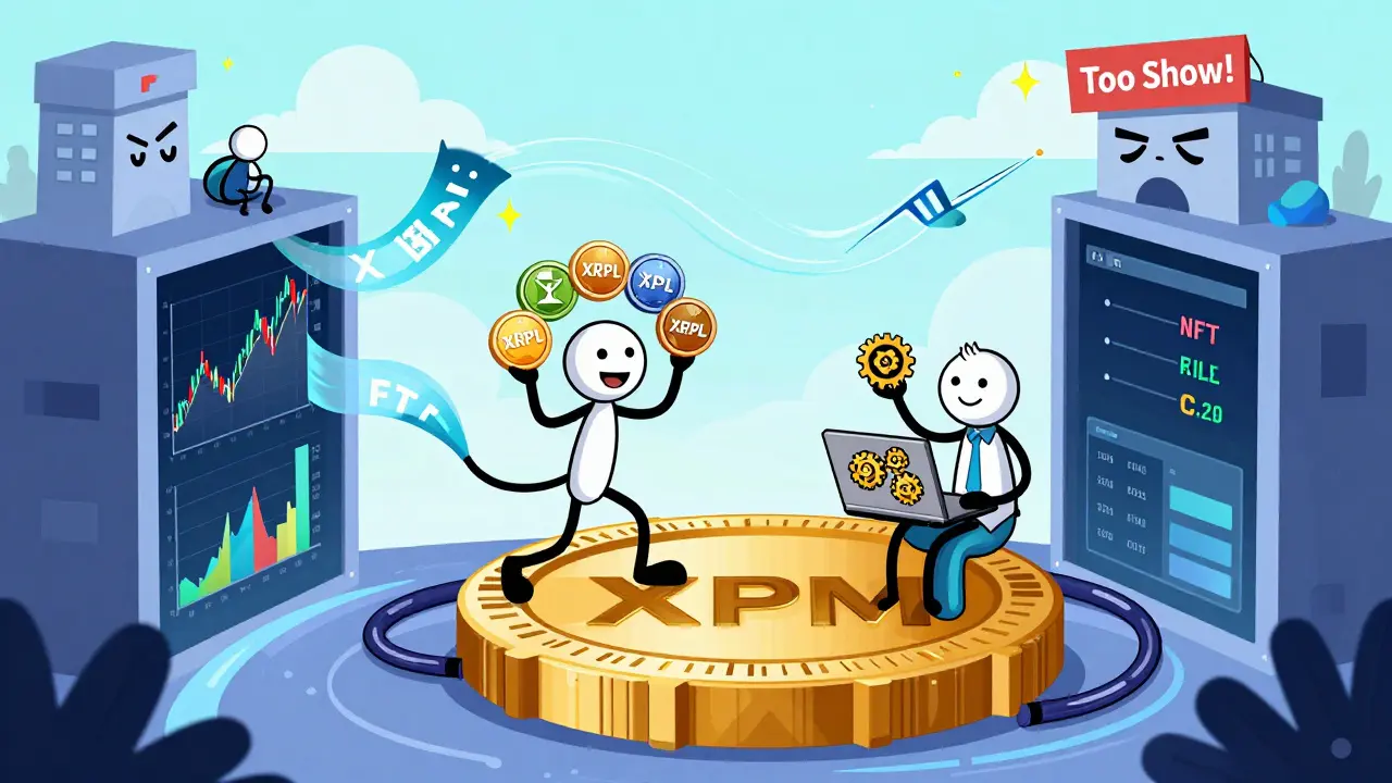 Two users standing on a portal made of XPM token, with data streams flowing into it while a slow CoinGecko building watches.