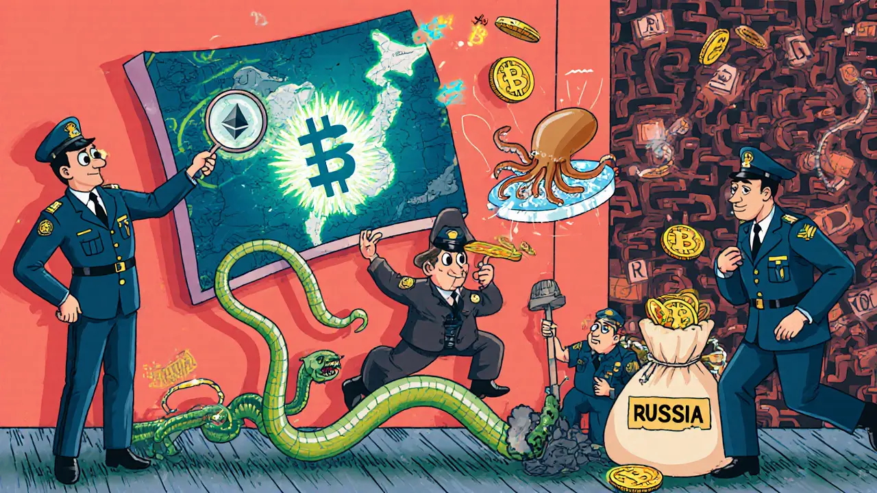 International agents chase and freeze crypto assets on a glowing blockchain map in a whimsical rubber hose animation.