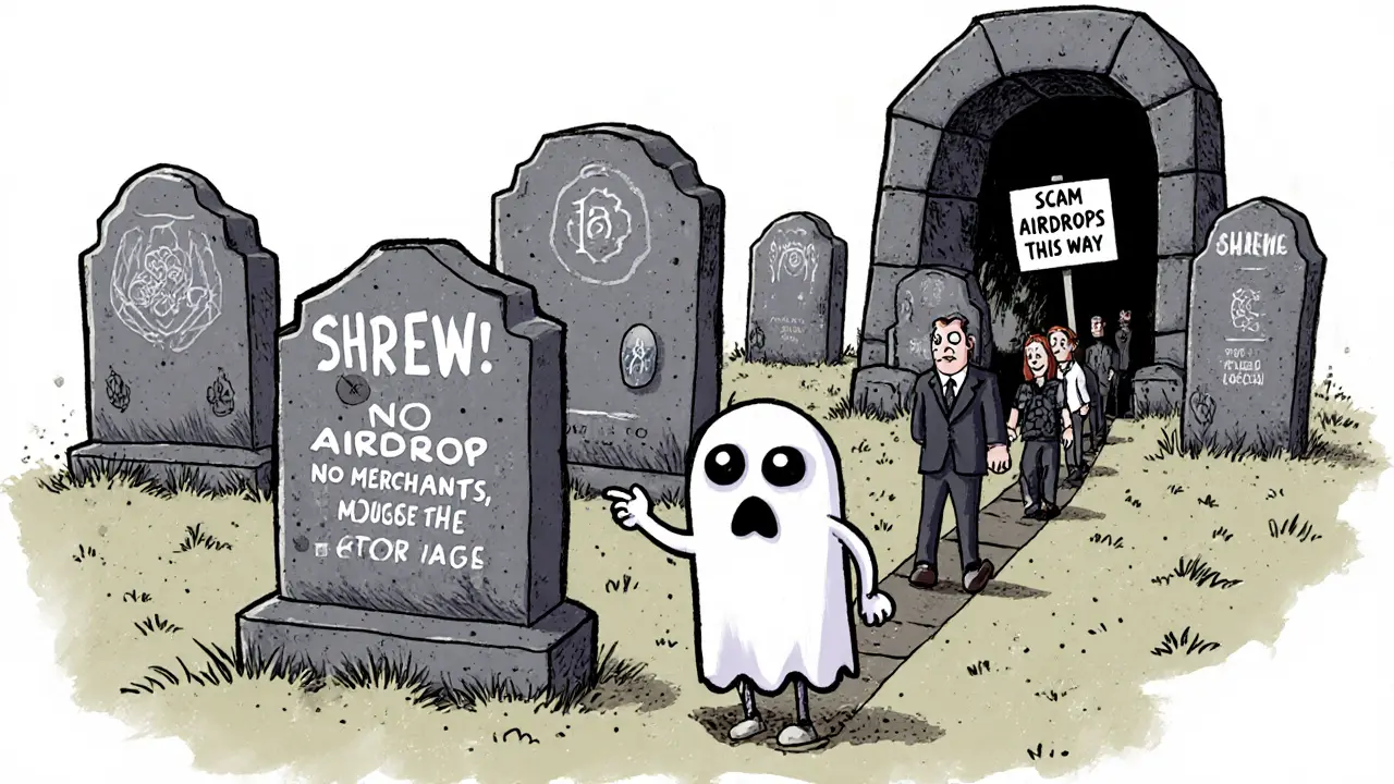 A graveyard of failed crypto tokens with a large SHREW tombstone, ghost pointing toward a scam portal.