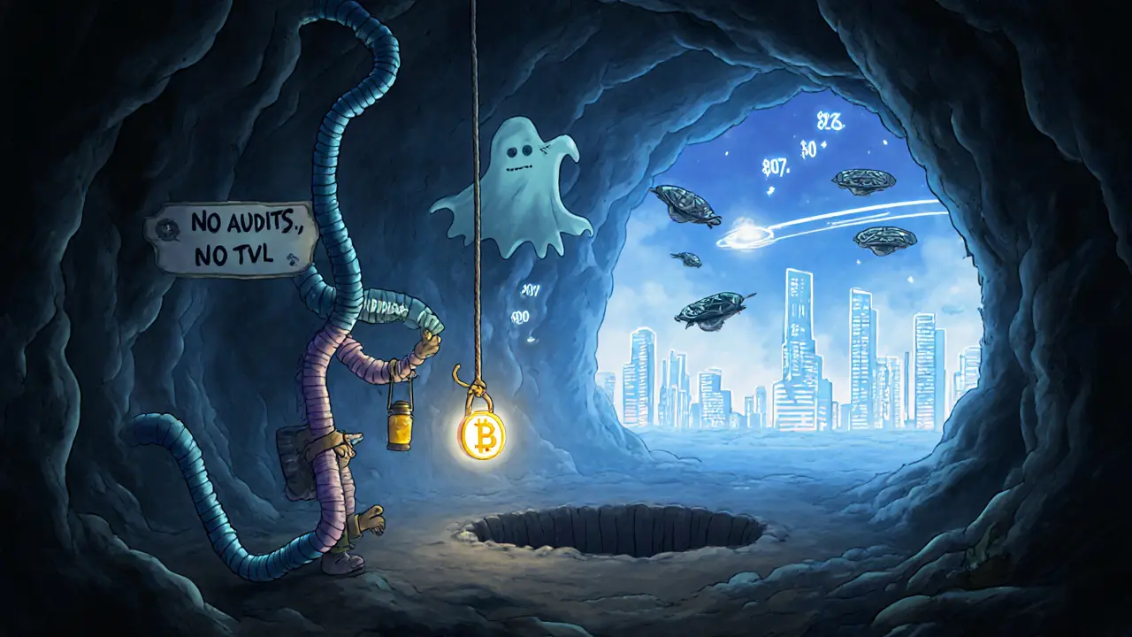 An explorer reaches for a glowing MAV token in a dark cave labeled &#039;No Audits&#039;, while price predictions swirl like bats above a pit.