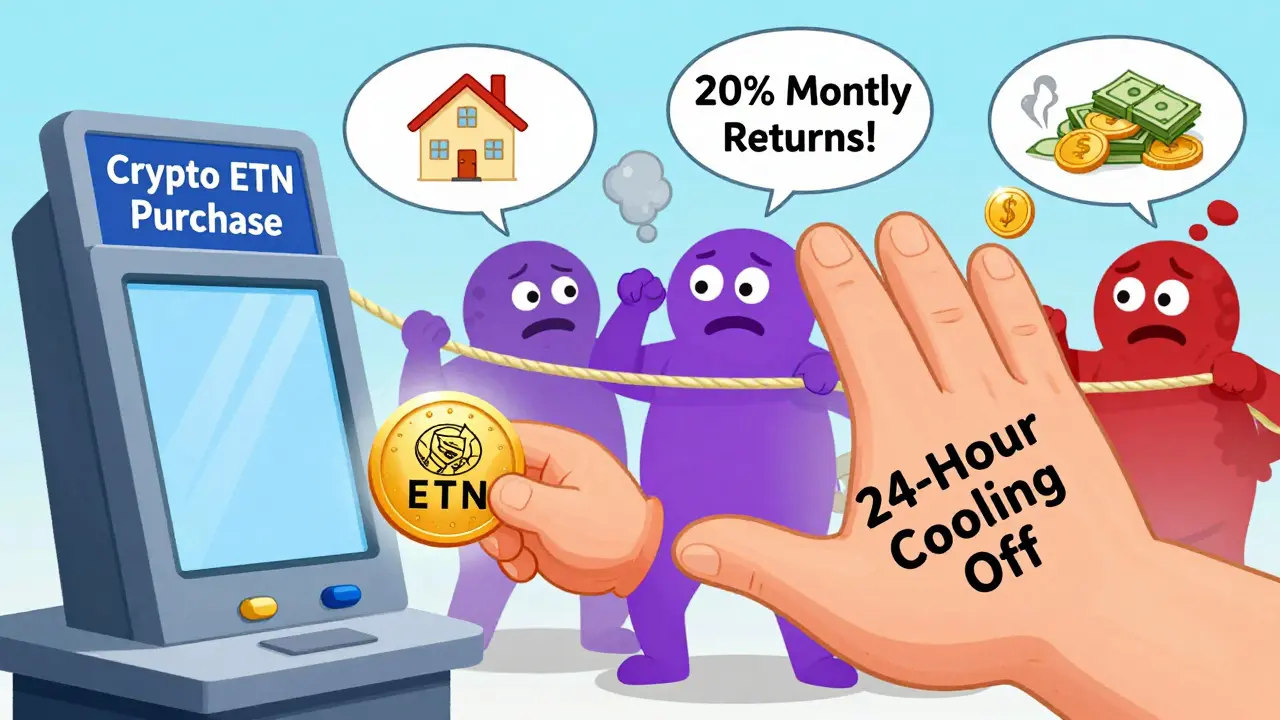 An investor hesitates between a safe ETN and risky crypto offers, cartoon illustration.