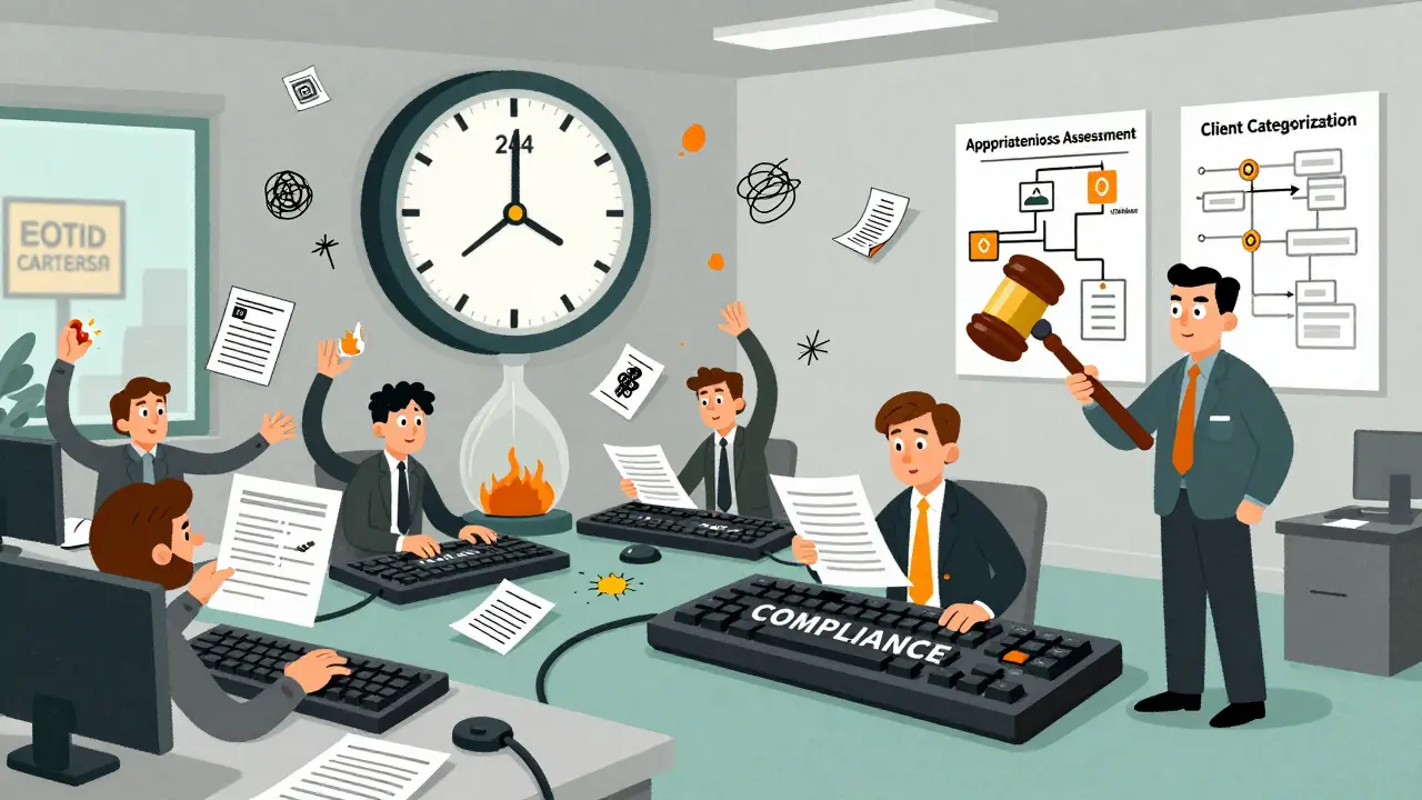 Crypto firm employees panic as they delete ads, with a giant cooling-off clock in the room.