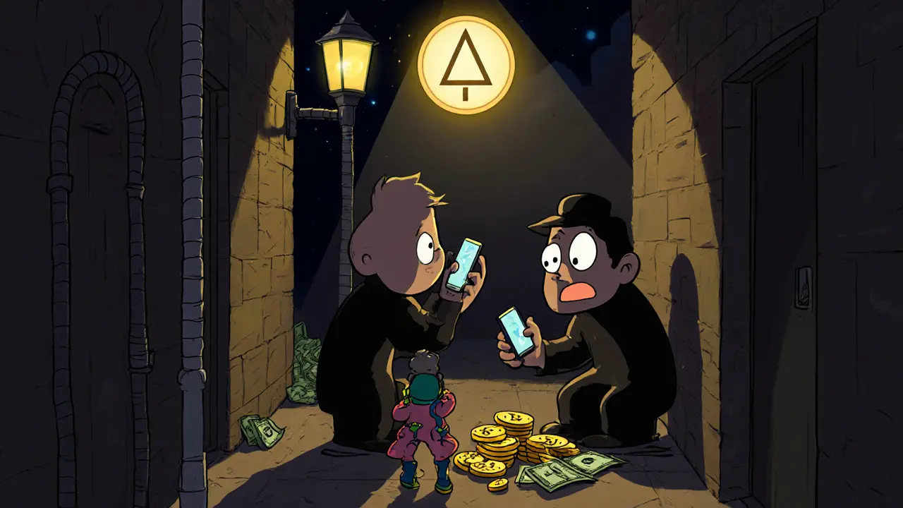 People trade crypto secretly at night using gold and cash, a glowing Monero coin watches over them.