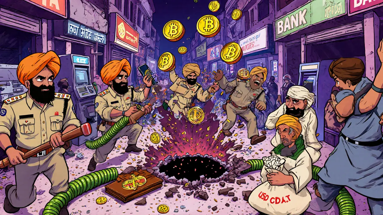 Police raid a marketplace, smashing computers while traders lose floating USDT coins in chaotic motion.