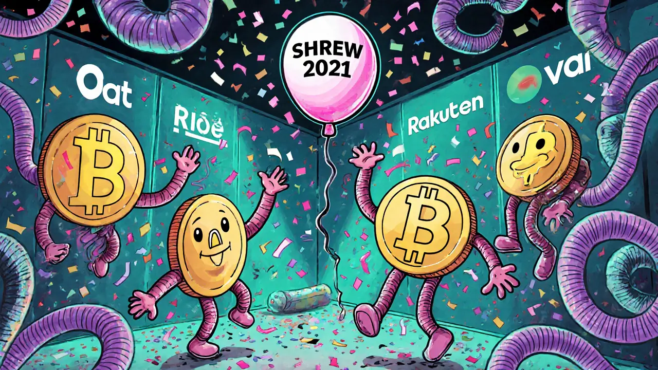SHREW token sits alone tied to a deflated balloon while other crypto tokens celebrate with real store logos.
