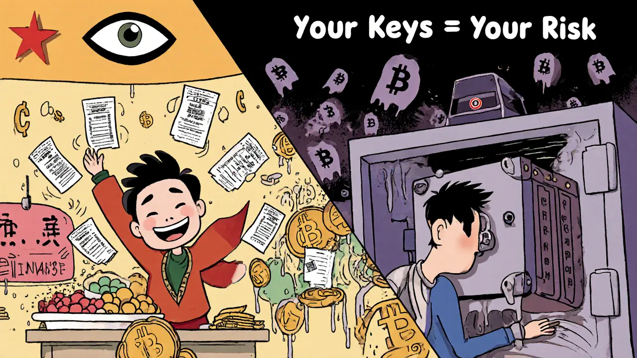 Split scene: happy e-CNY user vs. terrified crypto holder with fading Bitcoin icons and police sirens.