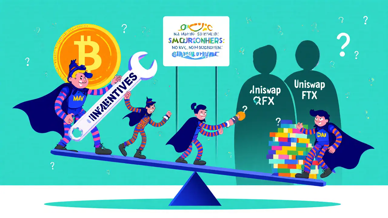 Stretchy DeFi pioneers balance a MAV token against question marks, using veMAV and LayerZero to connect rainbow blockchains.