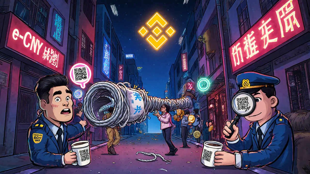 Underground crypto trade in an alley with people exchanging cash for digital tokens and a giant VPN tunnel.
