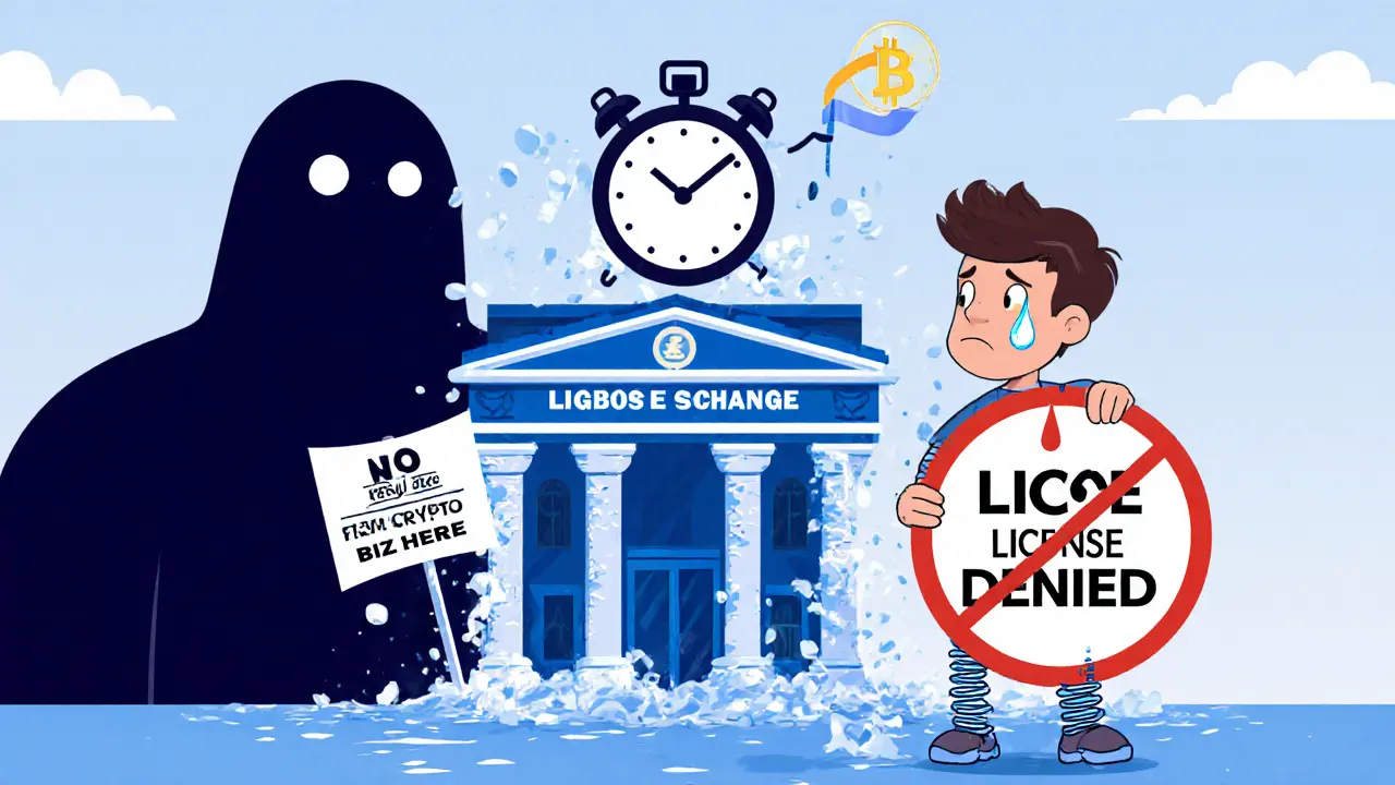 A frozen startup founder in front of a &#039;LICENSE DENIED&#039; stamp, with MiCA looming and a clock ticking toward July 2026.