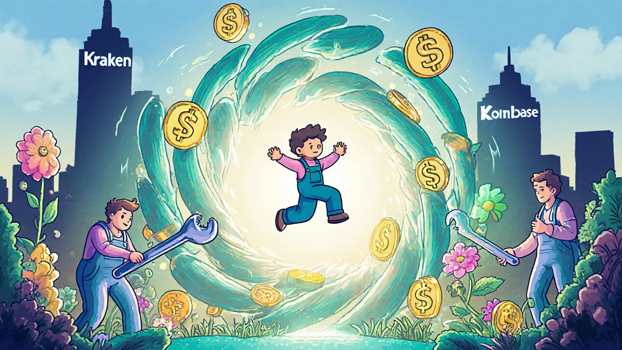 A player jumping through a portal made of PORTALS tokens into a vibrant pixel-art game world.