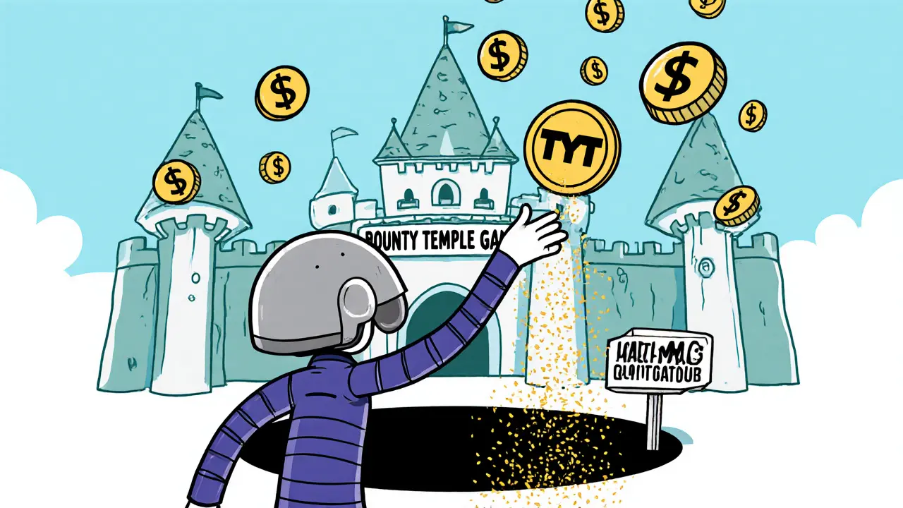 A player reaching for a dissolving TYT token in front of a half-built game castle.