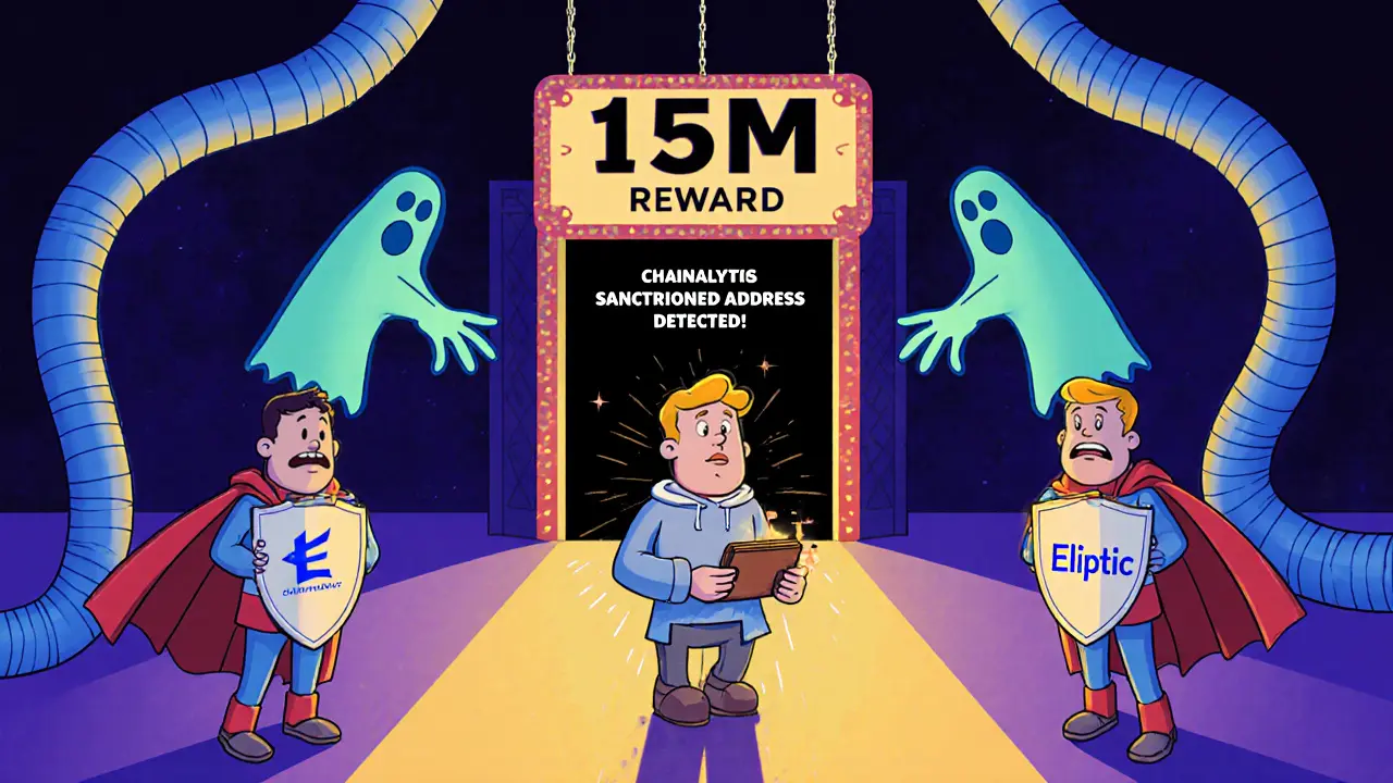 A user warned of a sanctioned wallet, guarded by blockchain heroes under a giant reward sign.