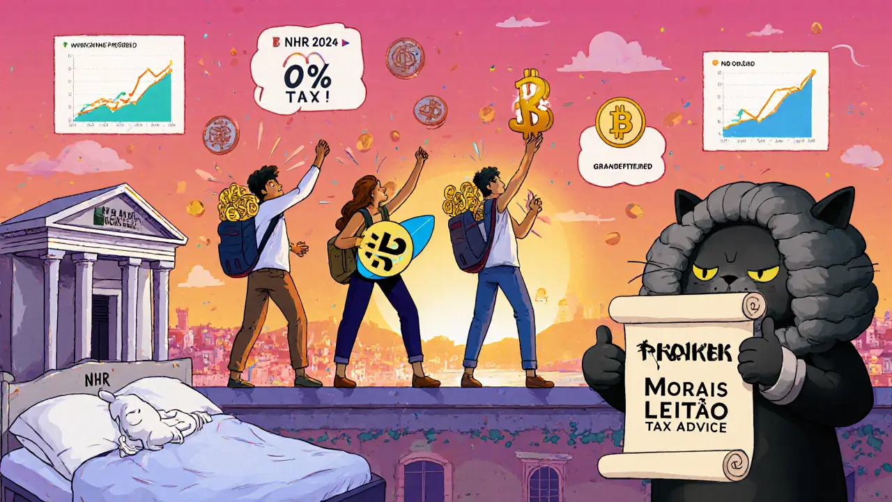 Digital nomads celebrating on a Lisbon rooftop with floating &#039;0% TAX&#039; charts, while a sleepy bank ignores them below.