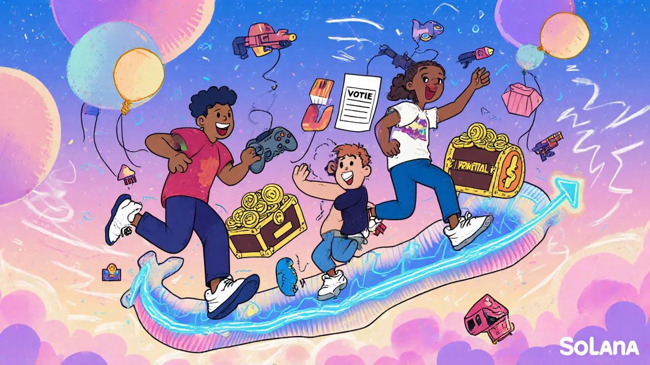 Diverse characters dancing on a blockchain ribbon with game icons floating like balloons.