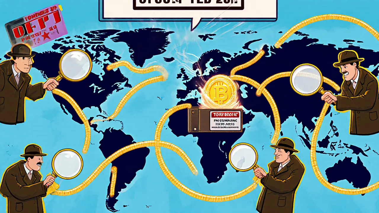 Global spies tracing crypto trails through funhouse mixing services and fake companies on a world map.