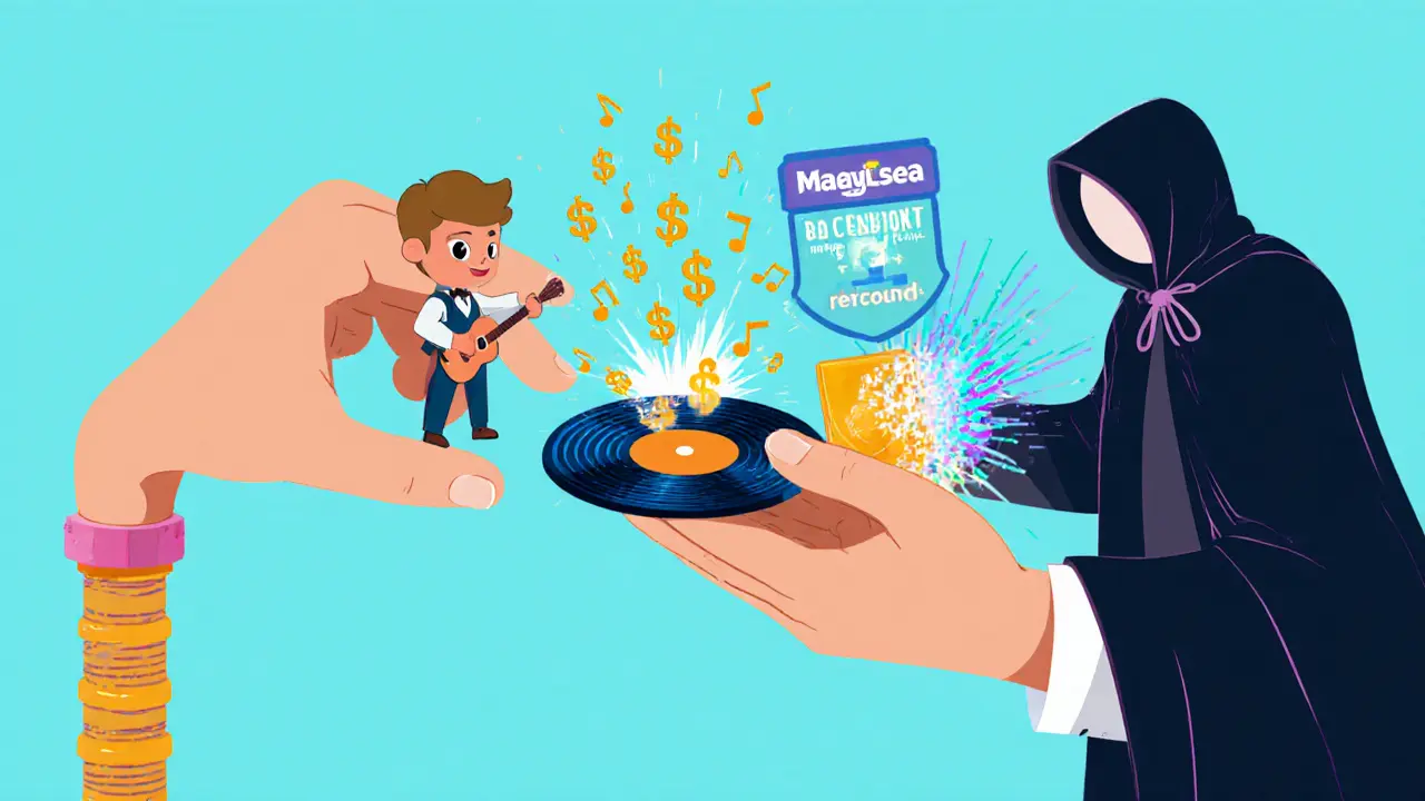 Musician’s audio NFT resells with dollar signs, while a glitchy figure tries to bypass royalties.