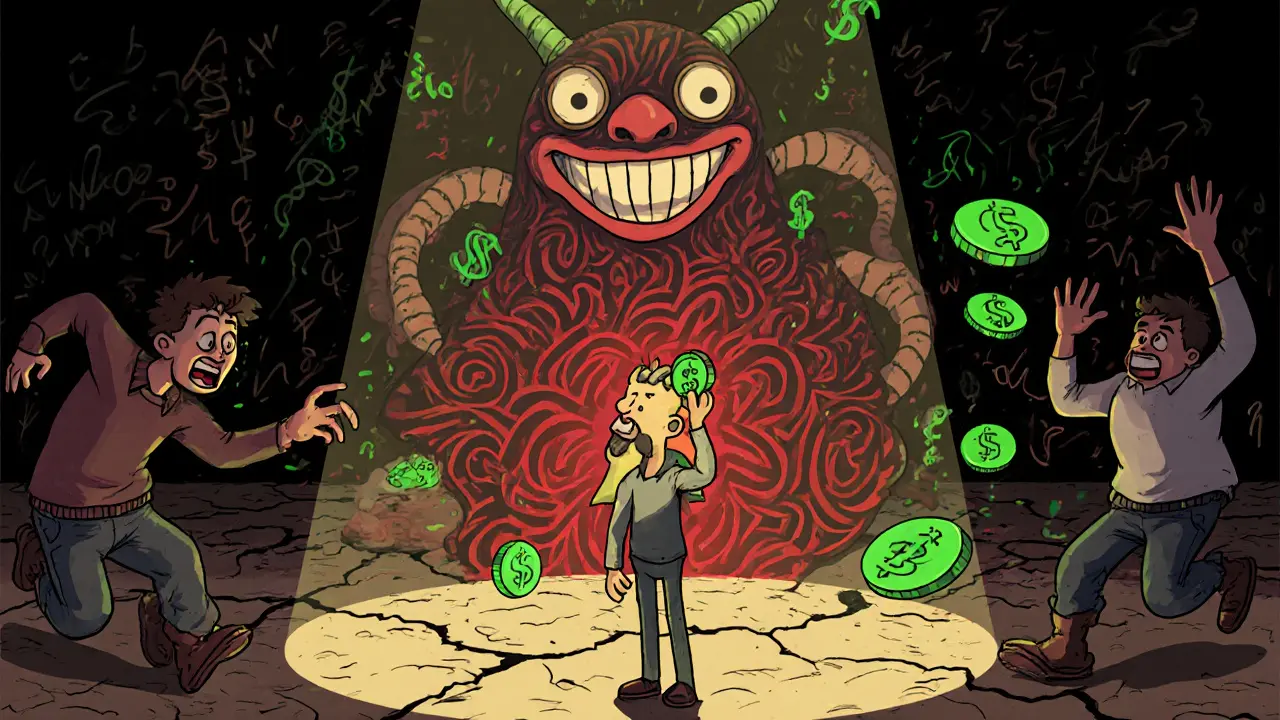 Person facing a rug-pull monster made of crypto symbols while others flee with flying tokens.