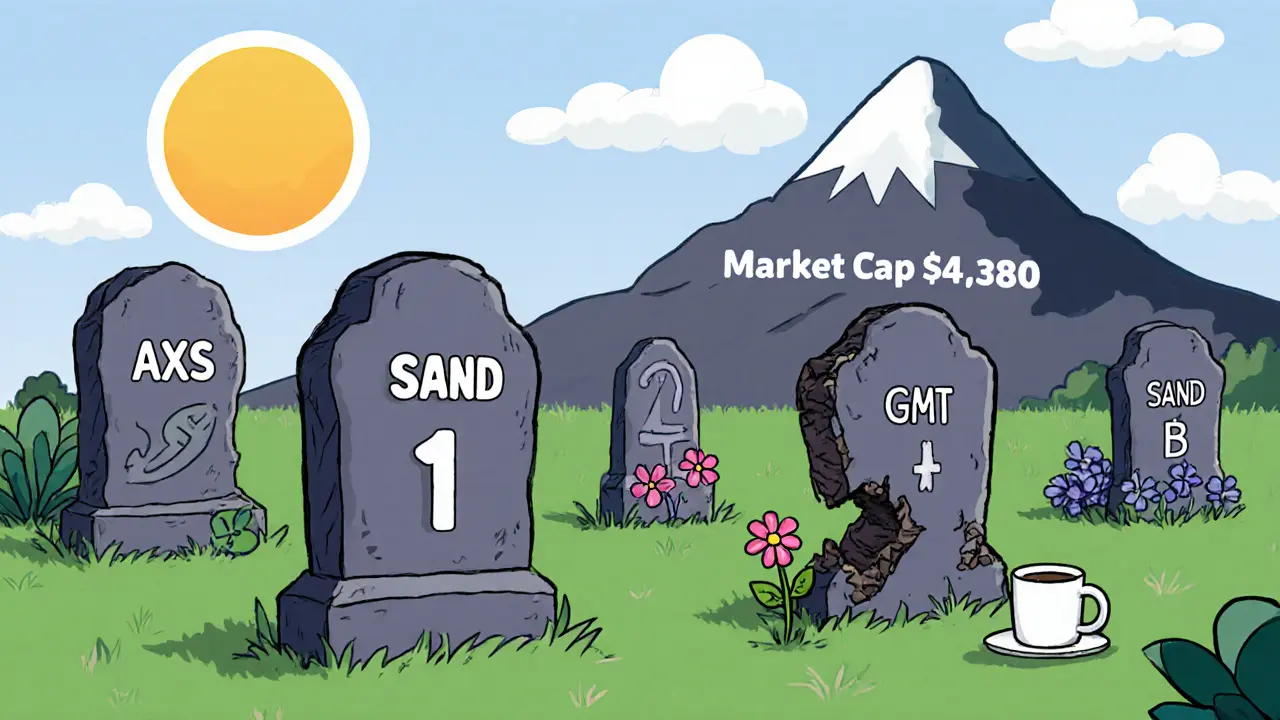 TYT&#039;s tombstone in a crypto graveyard next to a coffee cup, surrounded by thriving rival tokens.